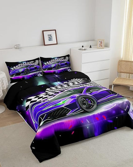Purple Race Car Comforter Set Full Size, Black White Lattice Bedding Set 2pcs for Kids Boys Teens Room Decor,Extreme Sport Games Quilt Set,Cool Modern Duvet Insert with 2 Pillowcases - LeafyLoom
