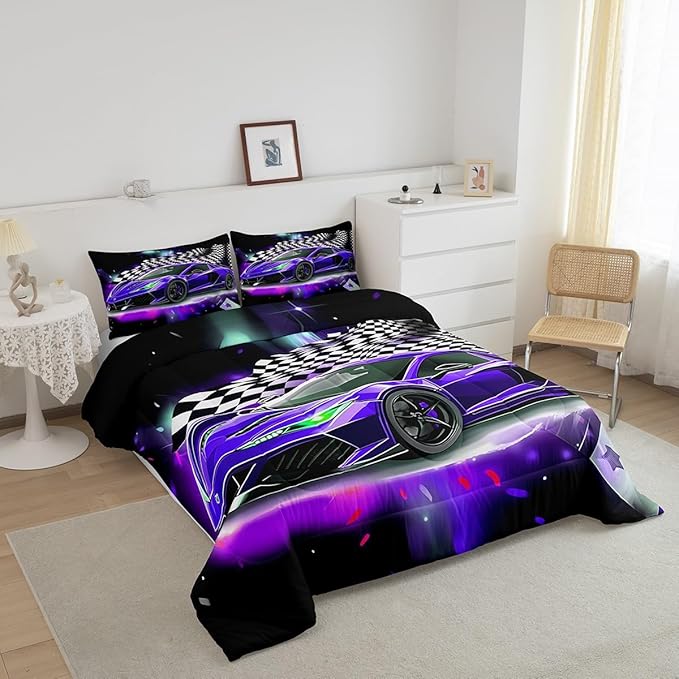Purple Race Car Comforter Set Full Size, Black White Lattice Bedding Set 2pcs for Kids Boys Teens Room Decor,Extreme Sport Games Quilt Set,Cool Modern Duvet Insert with 2 Pillowcases - LeafyLoom