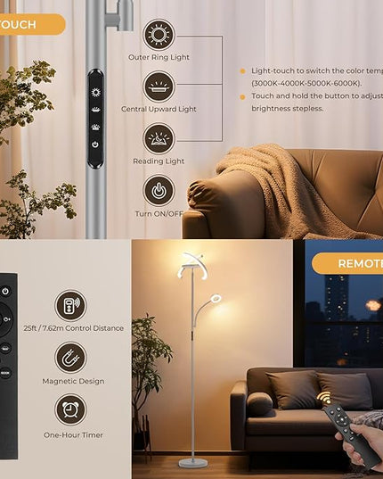FIMEI 3 in 1 Floor Lamp, Modern Bright Standing Lamp with Split Rotatable Outer Ring Light and Small Reading Light, 4 Color and Dimmable, 3-Way Independent Control for Living Room Office, Gray - LeafyLoom