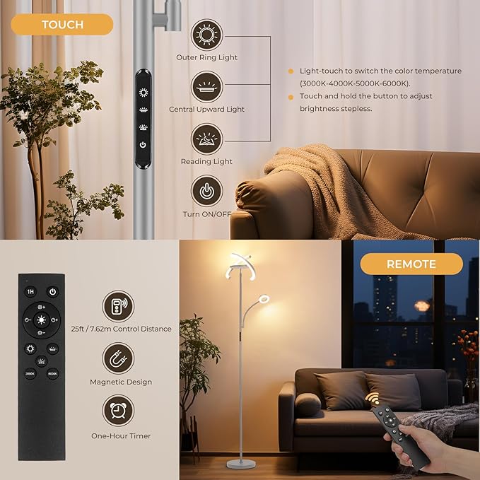 FIMEI 3 in 1 Floor Lamp, Modern Bright Standing Lamp with Split Rotatable Outer Ring Light and Small Reading Light, 4 Color and Dimmable, 3-Way Independent Control for Living Room Office, Gray - LeafyLoom