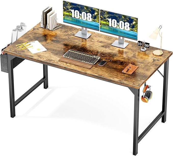 JHK Computer Desk Office 48 Inch Writing Work Kids Study Simple Wooden Table for Home Bedroom Modern Style with Headphone Hooks & Storage Bag, Rustic Brown - LeafyLoom
