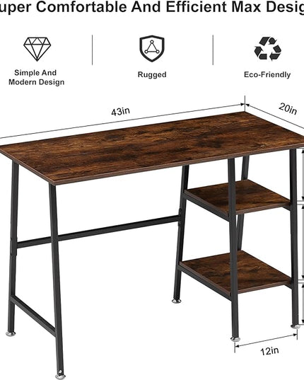 VECELO 43 Inch Computer Desk Writing Study Work Office Table Modern desk with shelves wooden desk for Home Bedroom,Walnut Desk - LeafyLoom