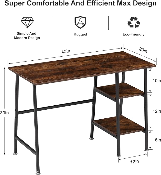 VECELO 43 Inch Computer Desk Writing Study Work Office Table Modern desk with shelves wooden desk for Home Bedroom,Walnut Desk - LeafyLoom