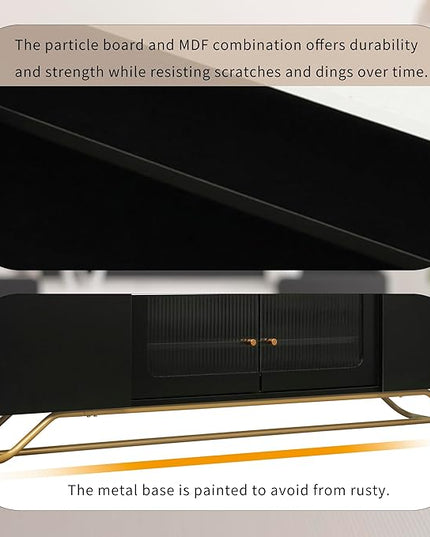 LUSAPZ Sleek Design TV Stand,Modern TV Stand with Fluted Glass,for TVs Up to 70 Inch,Faux Marble Top TV Console Table with Gold Frame Base,Ideal for Living Room (Black) - LeafyLoom