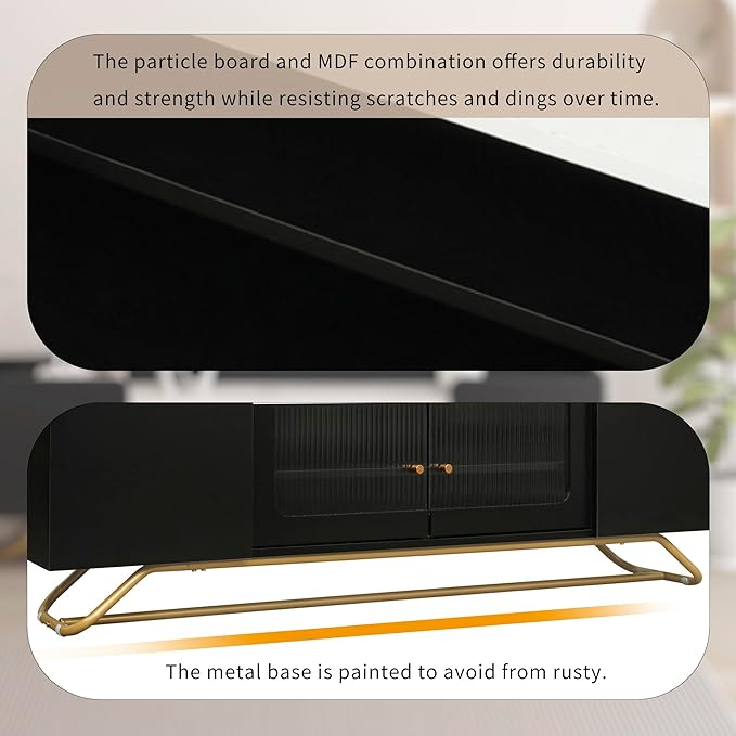 LUSAPZ Sleek Design TV Stand,Modern TV Stand with Fluted Glass,for TVs Up to 70 Inch,Faux Marble Top TV Console Table with Gold Frame Base,Ideal for Living Room (Black) - LeafyLoom