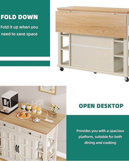 YITAHOME Kitchen Island with Drop Leaf & Power Outlet, Rolling Kitchen Cart on Wheels, Americana Kitchen Island Cabinet with Open Shelves for Kitchen Dining Room, Thicker Rubberwood Top, Off White - LeafyLoom