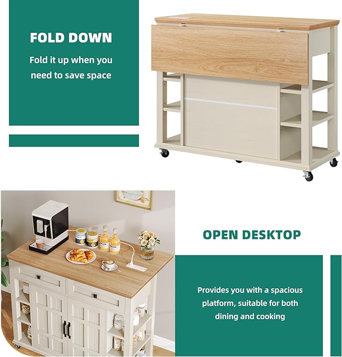 YITAHOME Kitchen Island with Drop Leaf & Power Outlet, Rolling Kitchen Cart on Wheels, Americana Kitchen Island Cabinet with Open Shelves for Kitchen Dining Room, Thicker Rubberwood Top, Off White - LeafyLoom
