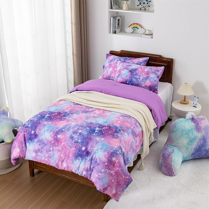 Holawakaka Tie Dye Galaxy Constellation Print Ombre Comforter Set Twin/Twin XL Size Girls Gradient Space Stars Dorm Bedding Set (Purple,Twin) - LeafyLoom