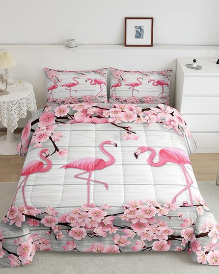 Erosebridal Flamingo Bedding Set Twin,Cherry Blossoms Comforter Set for Girls Teens Women,Pink Tropical Bird Animal Comforter Flower Rustic Wooden Board Quilt Duvet Sets with 1 Pillow Case - LeafyLoom