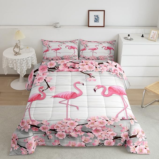 Erosebridal Flamingo Bedding Set Twin,Cherry Blossoms Comforter Set for Girls Teens Women,Pink Tropical Bird Animal Comforter Flower Rustic Wooden Board Quilt Duvet Sets with 1 Pillow Case - LeafyLoom