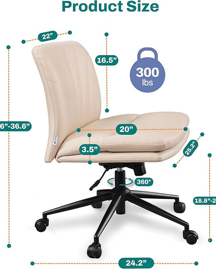 Criss Cross Chair with Wheels - Cross Legged Office Chair, Wide Armless Desk Chair Comfy Swivel Vanity Chair for Home Office, PU Leather - Beige - LeafyLoom