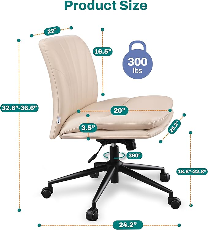 Criss Cross Chair with Wheels - Cross Legged Office Chair, Wide Armless Desk Chair Comfy Swivel Vanity Chair for Home Office, PU Leather - Beige - LeafyLoom