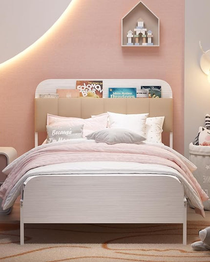 Timy Kids Twin Bed Frame with Bookcase Headboard, Metal Platform Bed Frame with Upholstered Headboard for Boys Girls Teens Adults, No Box Spring Needed, White - LeafyLoom
