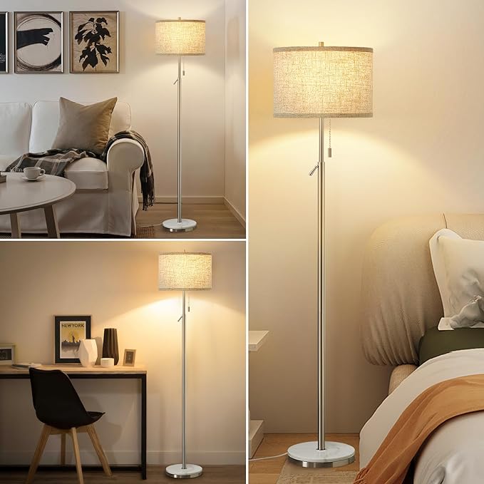Marble Floor Lamp, Adjustable Height Standing Lamp with Marble Base Tall Lamp with Pull Chain Switch Floor Lamps for Living Room, Bedroom & Office Bulbs Not Included(Silver) - LeafyLoom