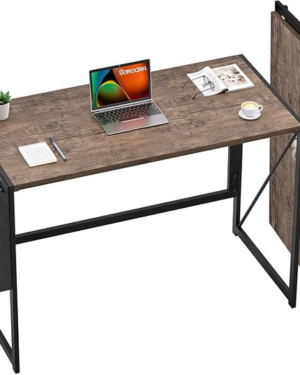 Folding Desk, Small Foldable Desk 39.4 Inch for Small Space, Computer Table Home Office Writing Desk with Storage Bag Headphone Hook, Easy Assembly, Brown - LeafyLoom