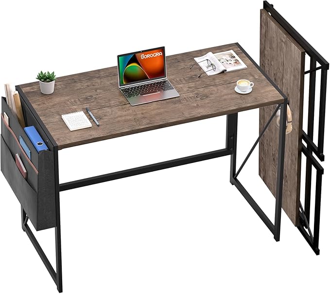 Folding Desk, Small Foldable Desk 39.4 Inch for Small Space, Computer Table Home Office Writing Desk with Storage Bag Headphone Hook, Easy Assembly, Brown - LeafyLoom