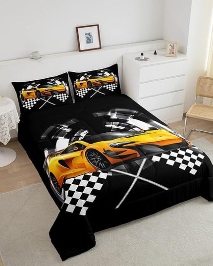 Yellow Race Car Bedding Set Twin Size,Black and White Grid Duvet Insert with 1 Pillowcase,Extreme Sport Games Comforter Set 2pcs for Kids Teens Boys Room Decor, Soft Modern Bed Quilt - LeafyLoom