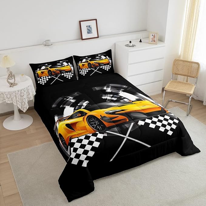 Yellow Race Car Bedding Set Twin Size,Black and White Grid Duvet Insert with 1 Pillowcase,Extreme Sport Games Comforter Set 2pcs for Kids Teens Boys Room Decor, Soft Modern Bed Quilt - LeafyLoom
