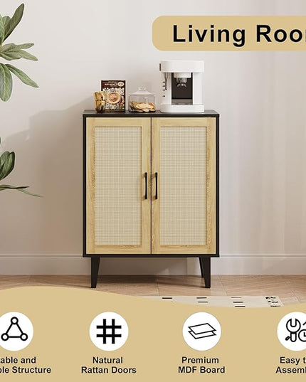 Rattan Decorated Buffet Cabinet - 2 Doors Simple Style Storage Cabinet, Shoe Cabinet with Adjustable Shelves, Sideboard for Kitchen, Living Room, Hallway, Entryway (Black) - LeafyLoom