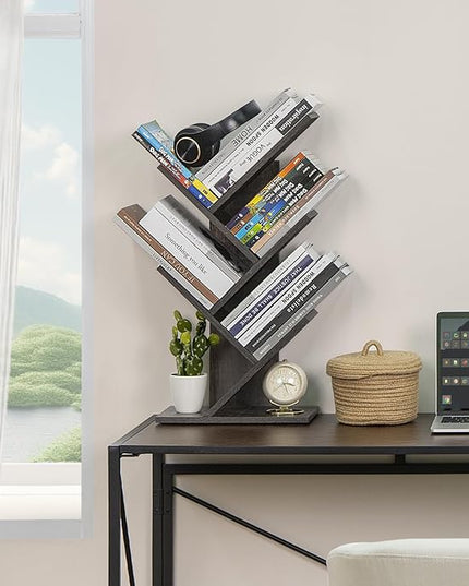 5 Tier Tree Book Shelf, Small Desktop Bookshelf with Storage Organizer, Wood Bookcase, Desk Display Bookshelves, Floor Standing Organizer Bookcases for Living Room,Bedroom,Office-Dark Grey - LeafyLoom