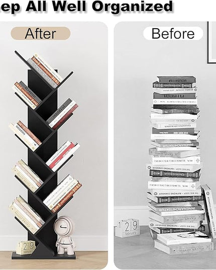 Function Home 9 Tier Tree Bookshelf, Modern Tall Geometric Bookcase, Freestanding Book Shelf, Wood Floor Storage Shelf for Living Room, Bedroom, Home Office,Black - LeafyLoom