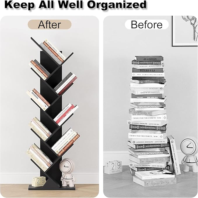 Function Home 9 Tier Tree Bookshelf, Modern Tall Geometric Bookcase, Freestanding Book Shelf, Wood Floor Storage Shelf for Living Room, Bedroom, Home Office,Black - LeafyLoom