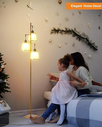 3 Lights Gold Floor Lamp, Mid Modern Standing Lamp Farmhouse with LED Bulbs & Elegant Lampshade, Tree Tall Lamp for Living Room, Bedroom, Office - Antique Brass - LeafyLoom