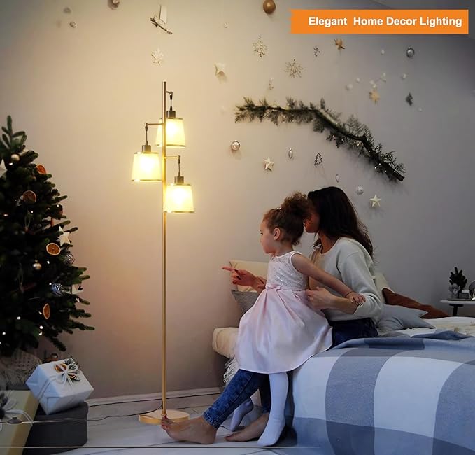 3 Lights Gold Floor Lamp, Mid Modern Standing Lamp Farmhouse with LED Bulbs & Elegant Lampshade, Tree Tall Lamp for Living Room, Bedroom, Office - Antique Brass - LeafyLoom