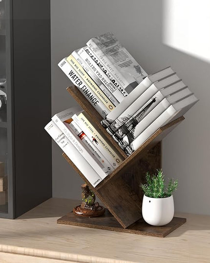 3 Tier Small Tree Bookshelf Desk Book Organizer Narrow Bookcases for Books Magazines CDs Free Standing Retro Wooden Storage Shelves for Home Office Bedroom Living Room Rustic Brown - LeafyLoom