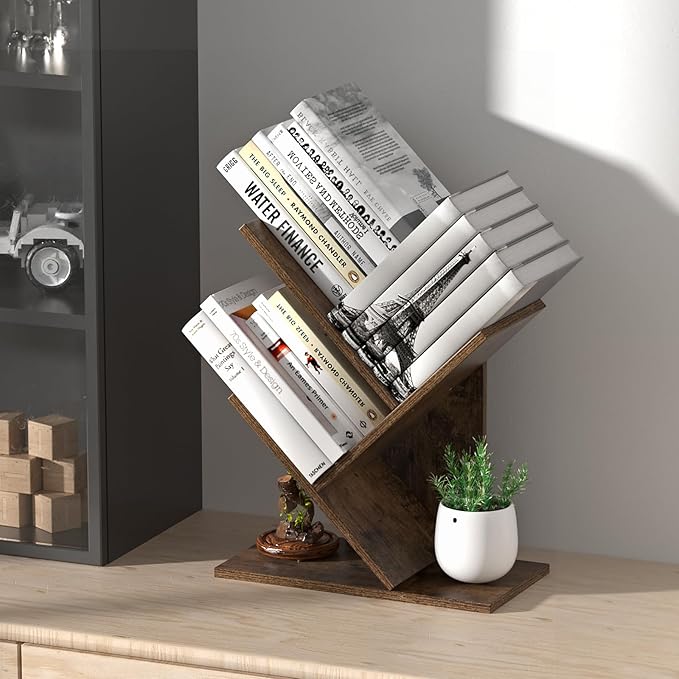3 Tier Small Tree Bookshelf Desk Book Organizer Narrow Bookcases for Books Magazines CDs Free Standing Retro Wooden Storage Shelves for Home Office Bedroom Living Room Rustic Brown - LeafyLoom