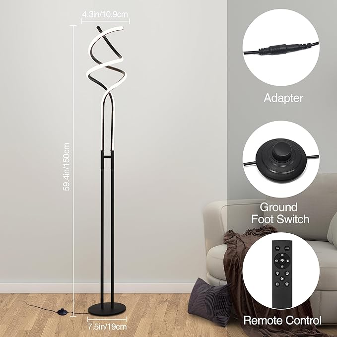 Modern Spiral Floor Lamp Dimmable LED Floor Lamp with 3 Color Temperatures, Ultra Bright, Standing Tall Lamp with Remote Reading Floor Lamp for Living Room Bedroom Office - LeafyLoom