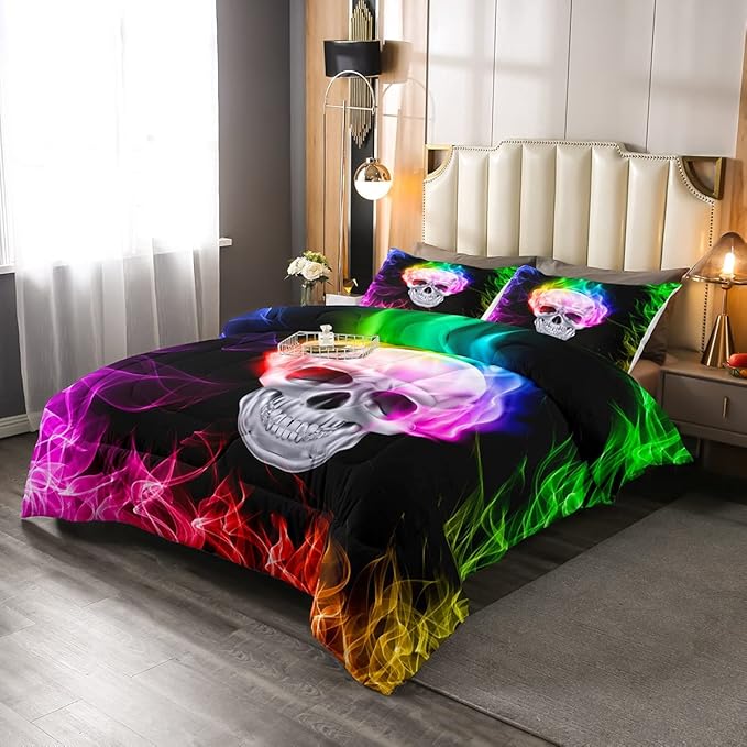 Erosebridal Skull Comforter Set, Skeleton Bones Bedding Set Twin Size Halloween Horror Gold Flame Duvet Sets for Kids Teens Adult Bedroom Decor, Gothic Spooky Bedding Comforters, Warmth Soft - LeafyLoom