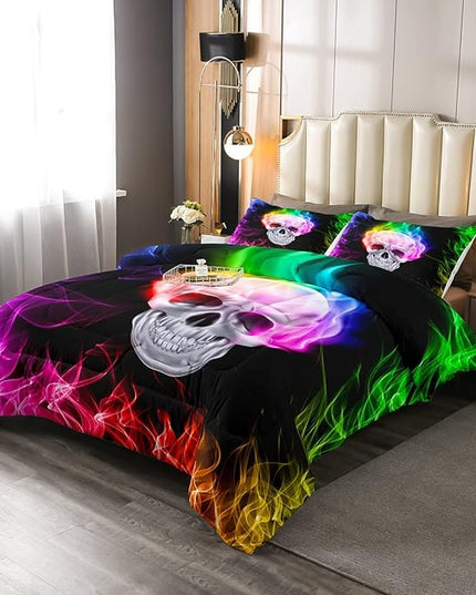 Erosebridal Skull Comforter Set, Skeleton Bones Bedding Set Queen Size Halloween Horror Gold Flame Duvet Sets for Kids Teens Adult Bedroom Decor, Gothic Spooky Bedding Comforters, Warmth Soft - LeafyLoom