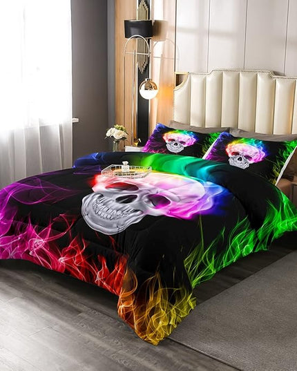 Erosebridal Skull Comforter Set, Skeleton Bones Bedding Set King Size Halloween Horror Gold Flame Duvet Sets for Kids Teens Adult Bedroom Decor, Gothic Spooky Bedding Comforters, Warmth Soft - LeafyLoom