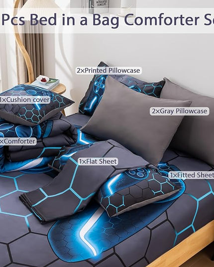 8Pcs Game Console Comforter Set with Sheets for Boys Girls Kids Teens, Geometric Gaming Themed Bed in A Bag Twin Size, Blue 3D Video Gamer Controller Bedroom Decor Bedding Set-Blue - LeafyLoom