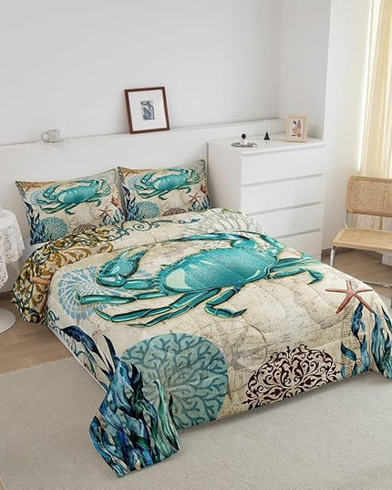 Sea Beach Theme Comforter Set Kids Beach Crabs Print King Bedding 3D Sea Animal Crab Luxury Microfiber Quilted Duvet Set with 2 Pillowcases,Soft Lightweight Marine Life Decorative Bedding Soft Fluffy - LeafyLoom