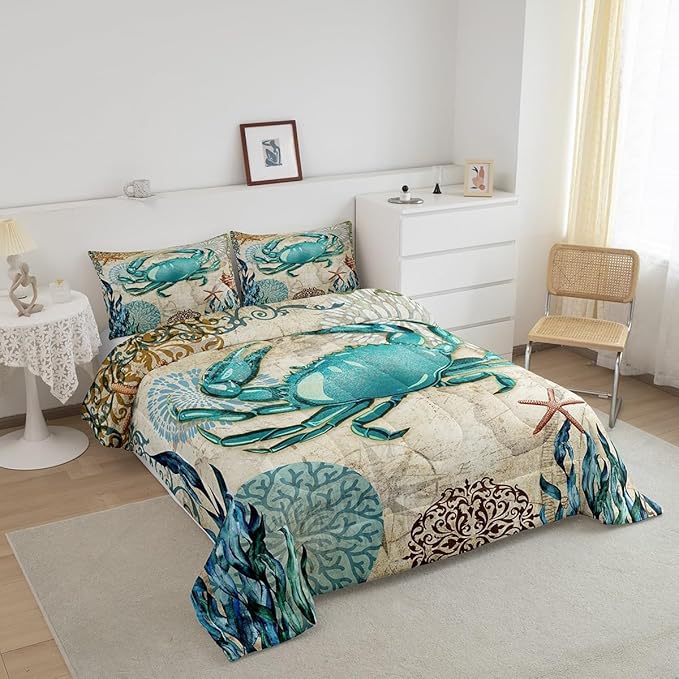 Sea Beach Theme Comforter Set Kids Beach Crabs Print Twin Bedding 3D Sea Animal Crab Luxury Microfiber Quilted Duvet Set with 1 Pillowcase,Soft Lightweight Marine Life Decorative Bedding Soft Fluffy - LeafyLoom
