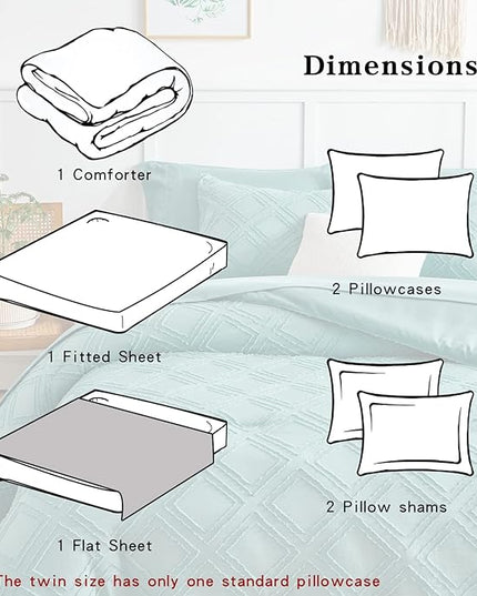 7 Pieces Tufted Bed in a Bag King Comforter Set with Sheets Green, Soft and Embroidery Shabby Chic Boho Bohemian, Luxury Solid Color with Diamond Pattern, Jacquard Tufts Bedding Set for All Season - LeafyLoom