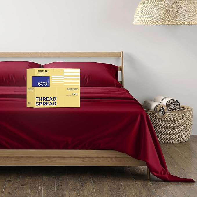 THREAD SPREAD 600 Thread Count Sheets Queen - 100% Egyptian Cotton Sheets Queen Size, 4 PC Luxury Sheets Queen Size, Soft, Cooling, Extra Long Staple 16" Deep Pocket Queen Bed Sheet Set - Burgundy - LeafyLoom