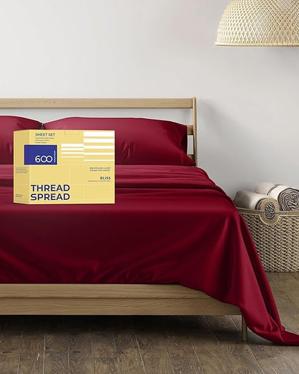 THREAD SPREAD 100% Egyptian Cotton Sheets Full Size - 600 Thread Count Sheets 4 PC 16" Deep Pocket Full Size Sheets Set, High Thread Count Soft Cooling Sateen Weave Hotel Luxury Sheets Set - Burgundy - LeafyLoom