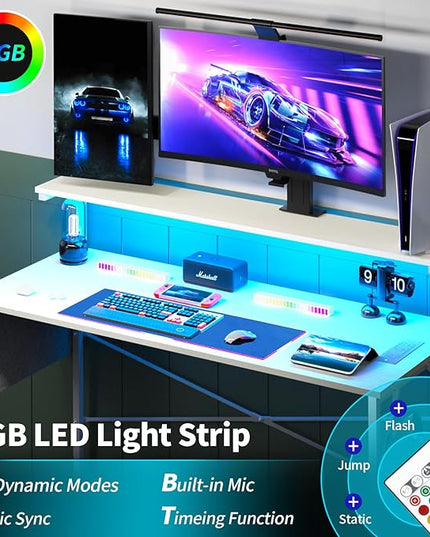 Yoobure Computer Desk with Power Outlets Fast Charging Type-C, Gaming Desk with LED Lights, 47" Office Desk with Adjustable Monitor Stand, Small Desk Home Office Desks with Storage Bag & Hook - LeafyLoom