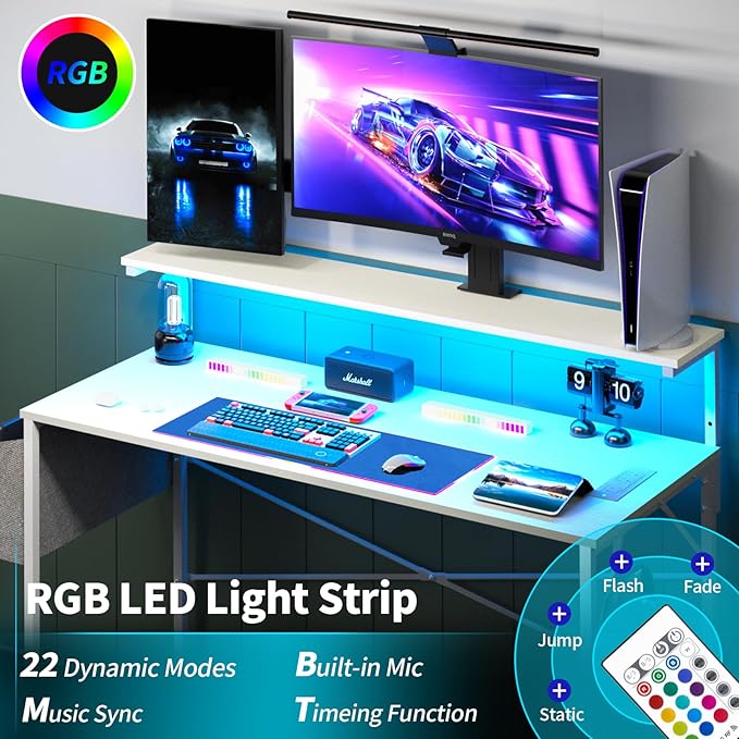 Yoobure Computer Desk with Power Outlets Fast Charging Type-C, Gaming Desk with LED Lights, 47" Office Desk with Adjustable Monitor Stand, Small Desk Home Office Desks with Storage Bag & Hook - LeafyLoom