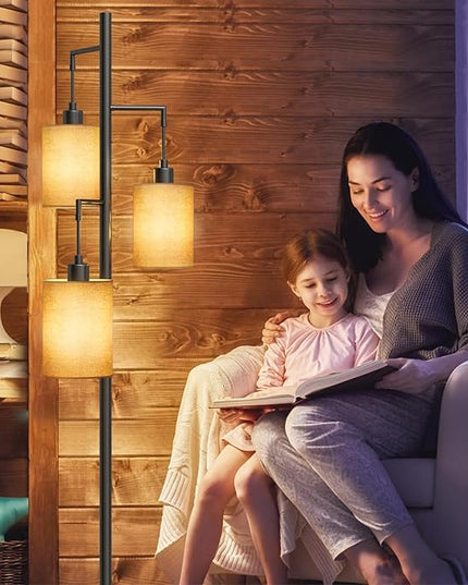 3-Lights Boho Floor Lamps with ON/OFF Foot Switch Tree Standing Lamp with Hanging Lampshades Farmhouse Floor Lamp Tall Pole Lamp for Living Room Bedroom Office, 3 PCS 6W Bulbs Included - LeafyLoom