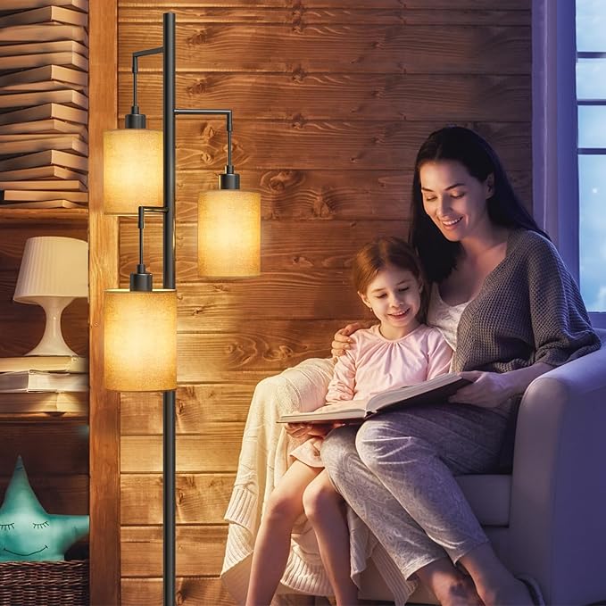 3-Lights Boho Floor Lamps with ON/OFF Foot Switch Tree Standing Lamp with Hanging Lampshades Farmhouse Floor Lamp Tall Pole Lamp for Living Room Bedroom Office, 3 PCS 6W Bulbs Included - LeafyLoom