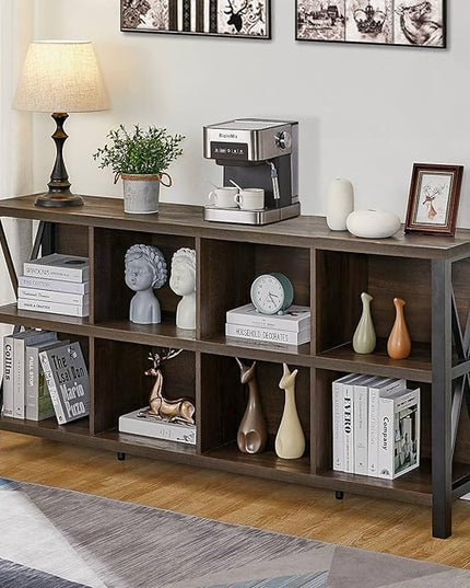 FATORRI 8 Cube Storage Organizer Bookshelf, Rustic Wood Cubby Bookcase, Industrial Horizontal Long Shelf for Living Room (Walnut Brown, 62 Inch) - LeafyLoom