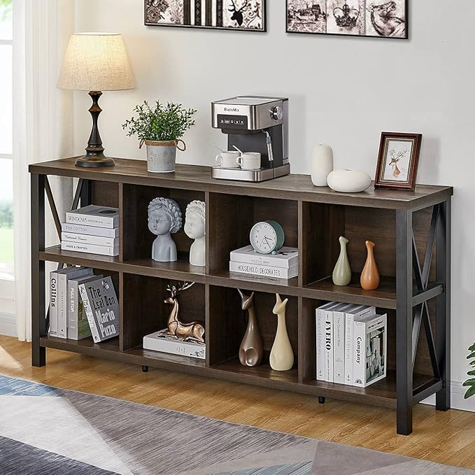 FATORRI 8 Cube Storage Organizer Bookshelf, Rustic Wood Cubby Bookcase, Industrial Horizontal Long Shelf for Living Room (Walnut Brown, 62 Inch) - LeafyLoom