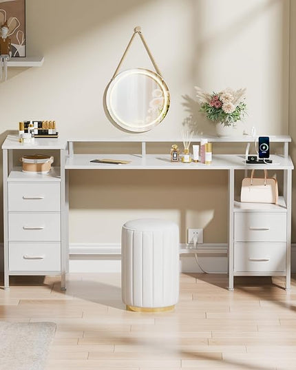 White Computer Desk with Power Outlets & LED Lights, Gaming Desk with 5 Fabric Storage Drawers for Working, 55 Inch Home Office Desk with Monitor Stand Shelves, Modern Vanity Desk for Bedroom - LeafyLoom