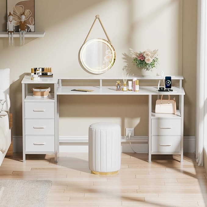 White Computer Desk with Power Outlets & LED Lights, Gaming Desk with 5 Fabric Storage Drawers for Working, 55 Inch Home Office Desk with Monitor Stand Shelves, Modern Vanity Desk for Bedroom - LeafyLoom