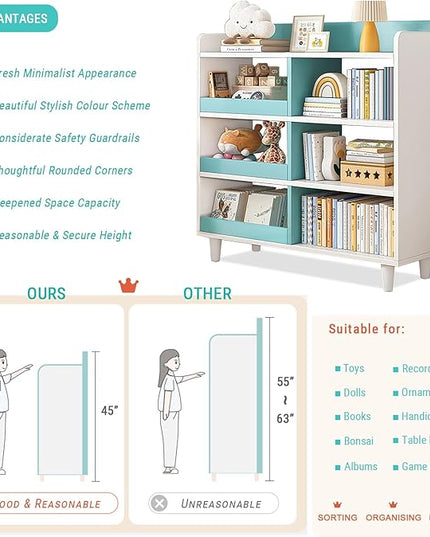 Wooden Cube Bookcase with Legs - 3-Tier Open Shelf Kidsroom Sorted Storage Cabinet Organizer for Books and Toys, 6-Cube Lattice Cute Cubby Bookshelf in White Mixed Westlake Blue, 32" W - LeafyLoom