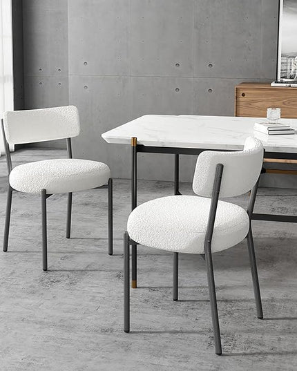 Boucle Dining Chairs Set of 2, Mid Century Dining Chairs with Metal Legs, Round Upholstered Sherpa Kitchen Dining Room Chairs Curved Backrest for Dining Room, Living Room, Kitchen,Black and White - LeafyLoom